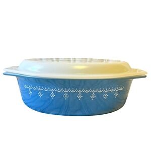 Pyrex Blue Garland Snowflake Oval 045 2.5qt‎ Casserole Baking Dish & Lid 945C